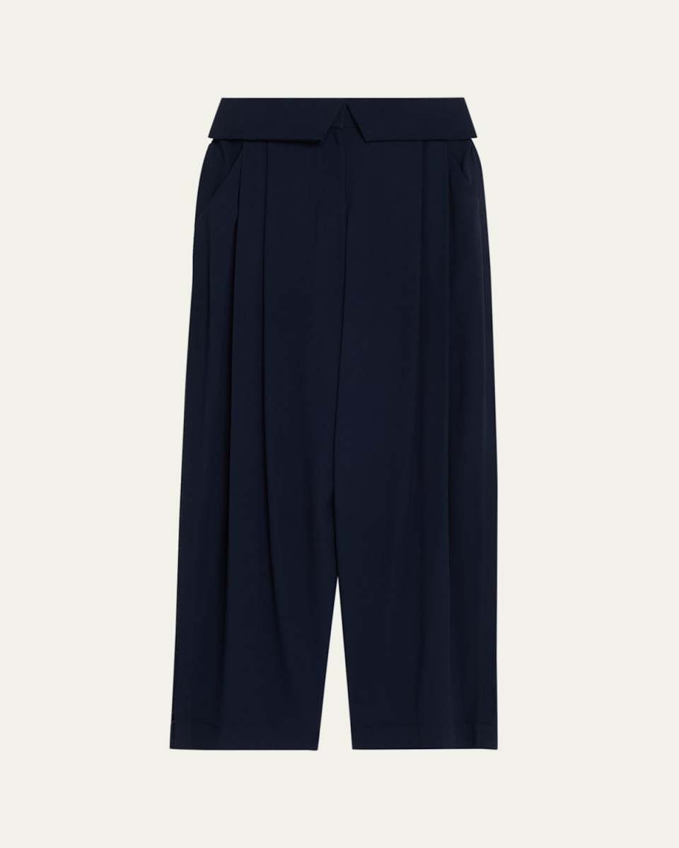 Foldover-Waist Pleated Wide-Leg Pants